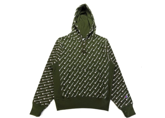 Champion Reverse Weave All Over Diagonal Script Hoodie Green