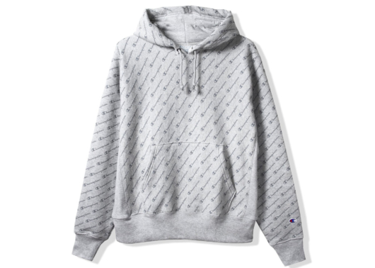 Chamoion Reverse Weave All Over Diagonal Script Hoodie Grey