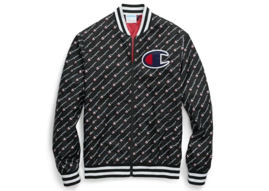 Champion Satin Baseball Jacket Diagonal Script Jacket Black