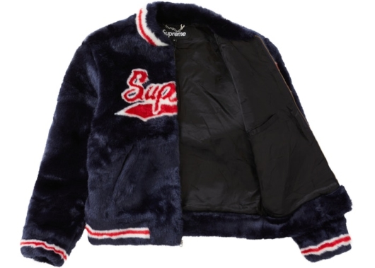 Supreme Faux Fur Varsity Jacket Navy - Image 2