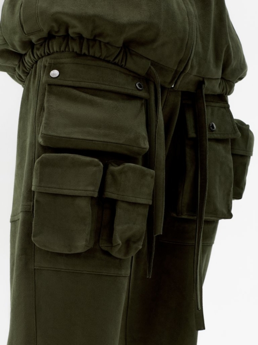 Galliano Landor Suede Fabric Capsule Pocket Drawstring Pants Olive - Image 2