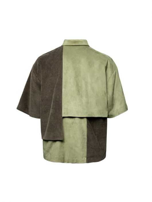 Galliano Landor Corduroy Patchwork Suede Fabric Short Sleeve Shirt Green - Image 2