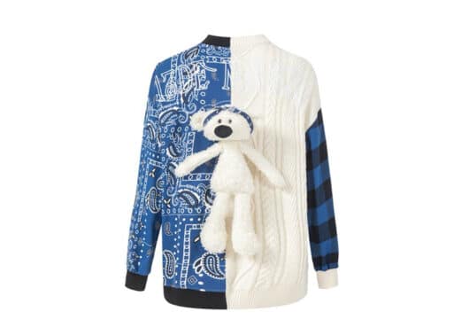 13De Marzo Teddy Bear Paisley Patchwork Sweater White/Blue