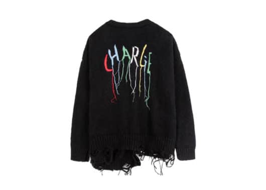 Charlie Luciano Destroyed Fringe Logo Print Cardigan Black