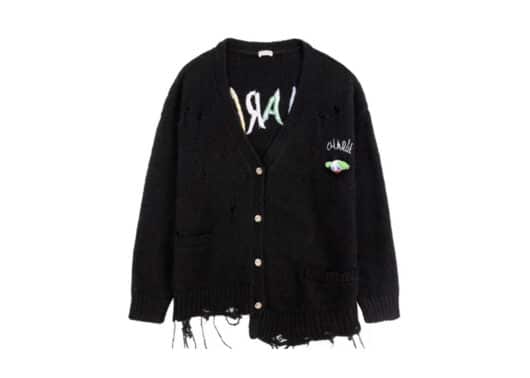 Charlie Luciano Destroyed Fringe Logo Print Cardigan Black