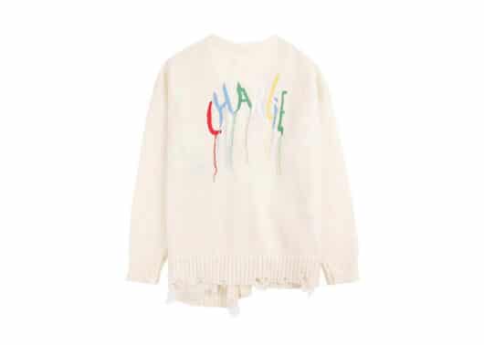 Charlie Luciano Destroyed Fringe Logo Print Cardigan White - Image 2