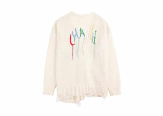 Charlie Luciano Destroyed Fringe Logo Print Cardigan White