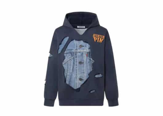 Aventen Pin DIY Tearing Denim Inside Hoodie Navy