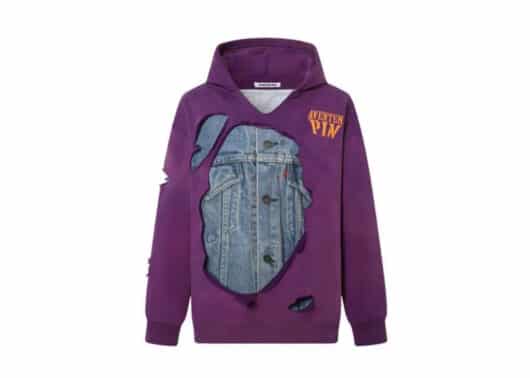 Aventen Pin DIY Tearing Denim Inside Hoodie Purple