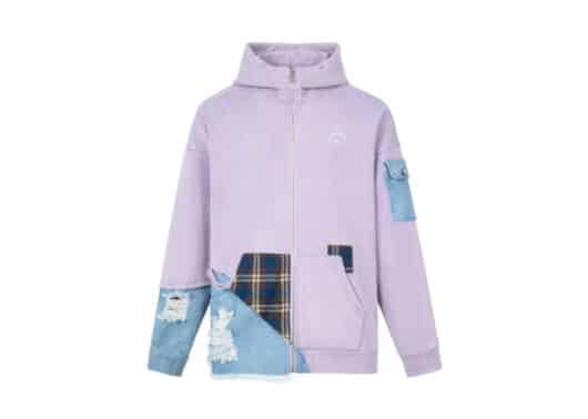 Aventen Pin Denim Multiple Patch Zip Hoodie Purple
