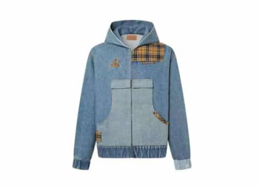 Aventen Pin Denim Patchwork Zip Jacket Blue