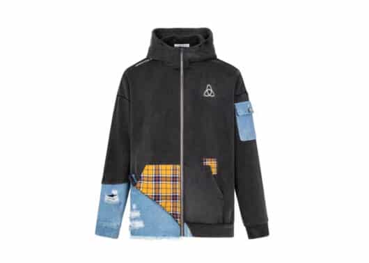 Aventen Pin Denim Multiple Patch Zip Hoodie Black