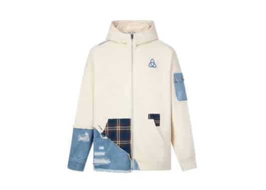 Aventen Pin Denim Multiple Patch Zip Hoodie Cream