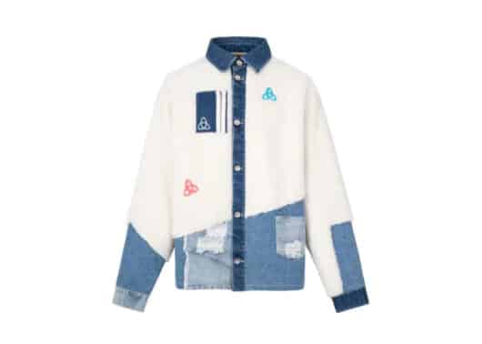 Aventen Pin Denim Patchwork Fleece Jacket White