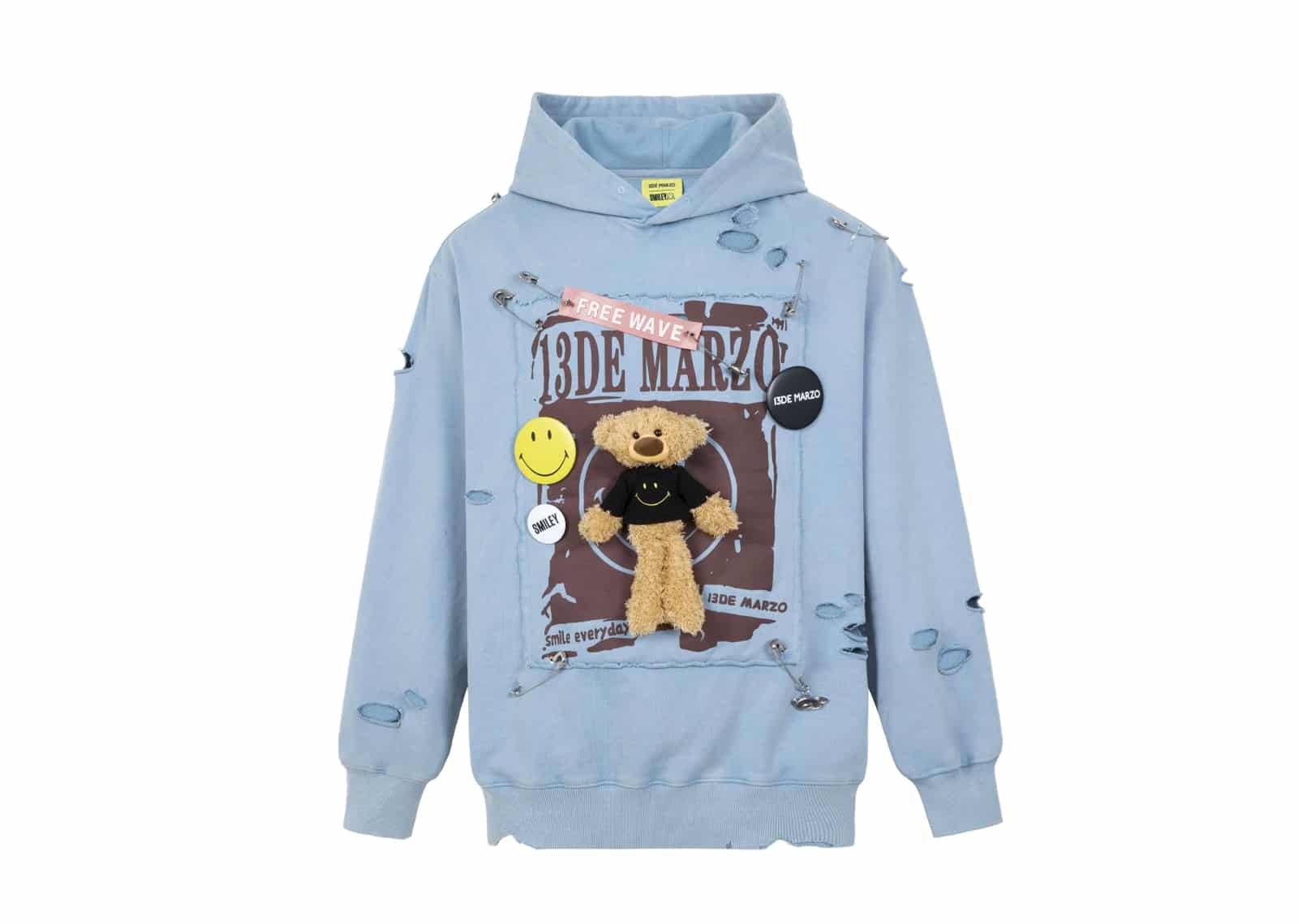 Buy 13De Marzo x Smiley Broken Pin Badge Bear Hoodie Blue Online in ...