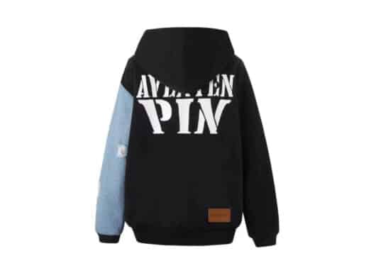 Aventen Pin Denim Patch Zip Hoodie Black - Image 2