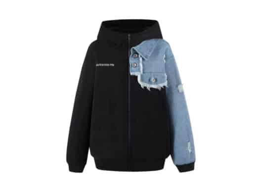 Aventen Pin Denim Patch Zip Hoodie Black