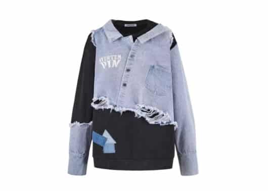 Aventen Pin Denim Shirt Deconstructed Sweatshirt Black