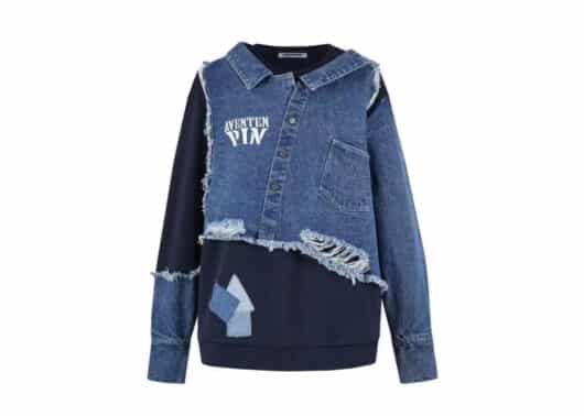 Aventen Pin Denim Shirt Deconstructed Sweatshirt Blue