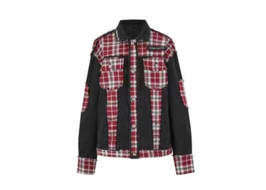 Aventen Pin Ripped Plaid Patch Denim Jacket Black
