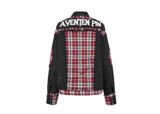 Aventen Pin Ripped Plaid Patch Denim Jacket Black - Image 2