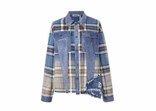 Aventen Pin Ripped Plaid Patch Denim Shirt Blue