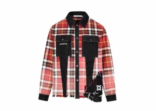 Aventen Pin Ripped Plaid Patch Denim Shirt Red