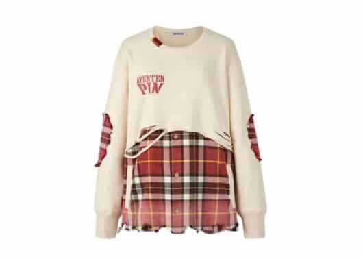 Aventen Pin Ripped Plaid Patch Hoodie White