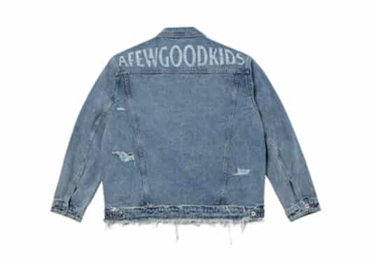 A Few Good Kids Embroidered Logo Distressed Denim Jacket Blue back view