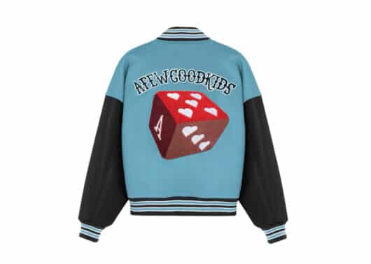 A Few Good Kids Love Poker Dice Logo Baseball Jacket Blue back view