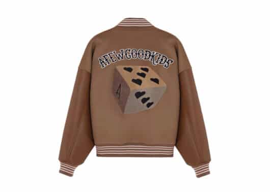 A Few Good Kids Love Poker Dice Logo Baseball Jacket Brown back view