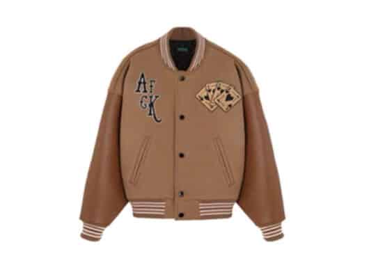 A Few Good Kids Love Poker Dice Logo Baseball Jacket Brown front view