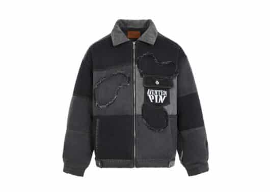 Aventen Pin Denim Distressed Puffer Jacket Black front view