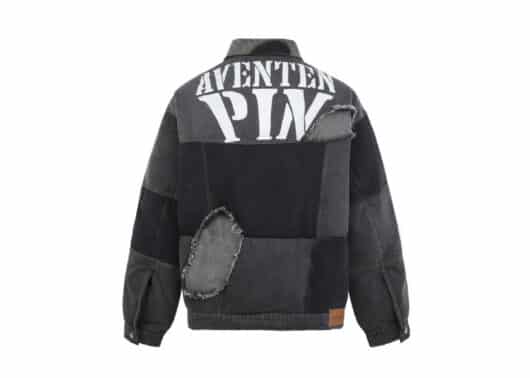 Aventen Pin Denim Distressed Puffer Jacket Black back view
