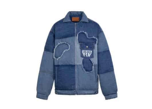 Aventen Pin Denim Distressed Puffer Jacket Blue front view