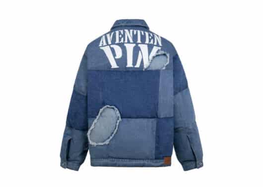 Aventen Pin Denim Distressed Puffer Jacket Blue back view