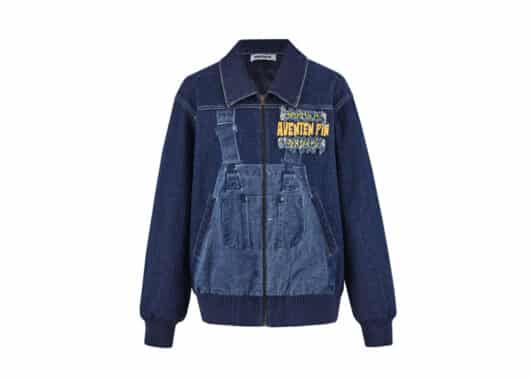 Aventen Pin Denim Overall Print Jacket Blue front view