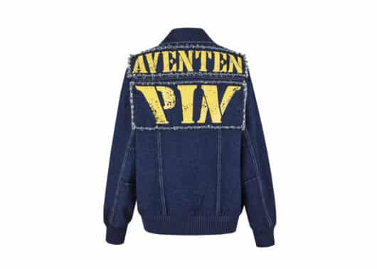 Aventen Pin Denim Overall Print Jacket Blue back view
