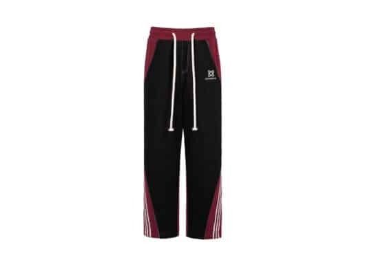 Aventen Pin Denim Patchwork Pants BlackRed front view