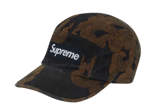 Supreme Flames Jacquard Denim Camp Cap Washed Black front view