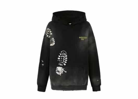 Aventen Pin Distressed Foot Mark Hoodie Black