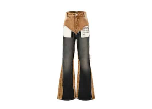 Aventen Pin Multi Patch Destroyed Denim Pants Khaki front view