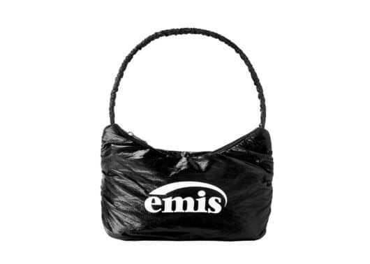Emis Glossy Shirring Hobo Bag Black front view