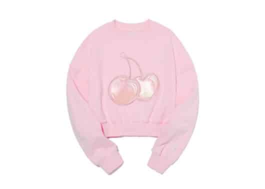KIRSH Big Cherry Hologram Crop Crewneck Pink CTM506 front view