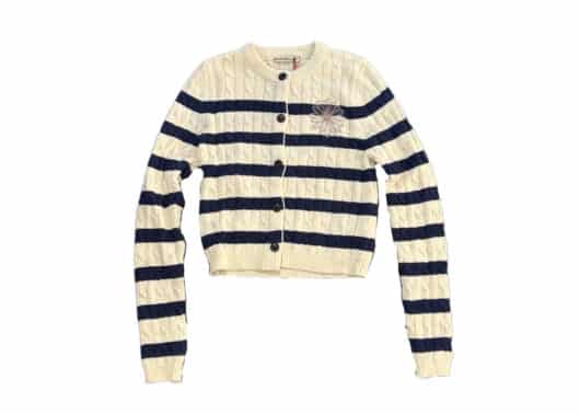 Mardi Mercredi Cotton Round Neck Stripe Cardigan Ivory Beige