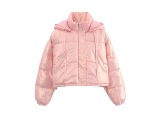 Ronron Short Eco Padding String Hoodie Glossy Pink front view