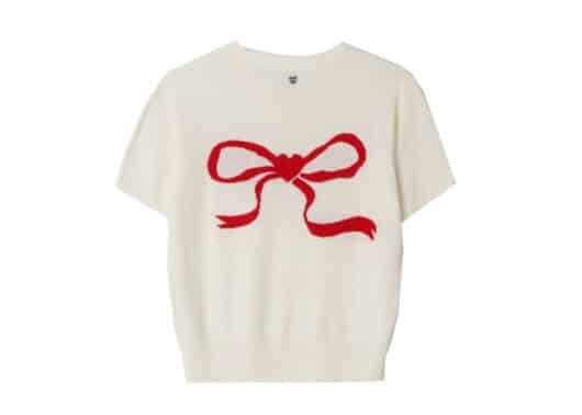 Ronron Heart Ribbon Jacquard Short Sleeve Knit Ivory Red - Image 2