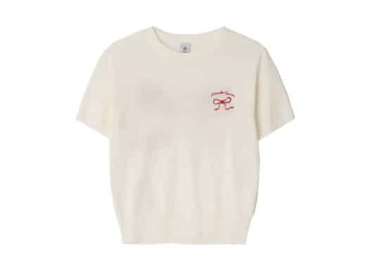 Ronron Heart Ribbon Jacquard Short Sleeve Knit Ivory Red