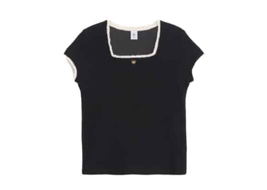Ronron Lace Square Heart Neck Short Sleeve Black