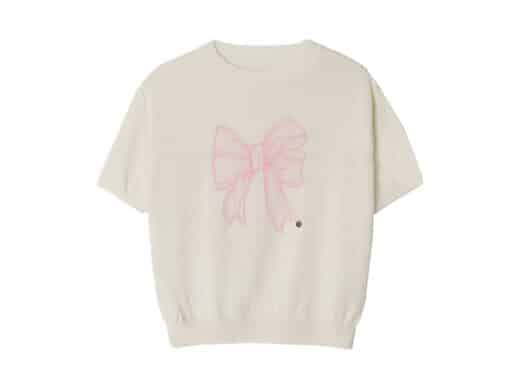 Ronron Line Ribbon Short Sleeve Knit Cream Pink